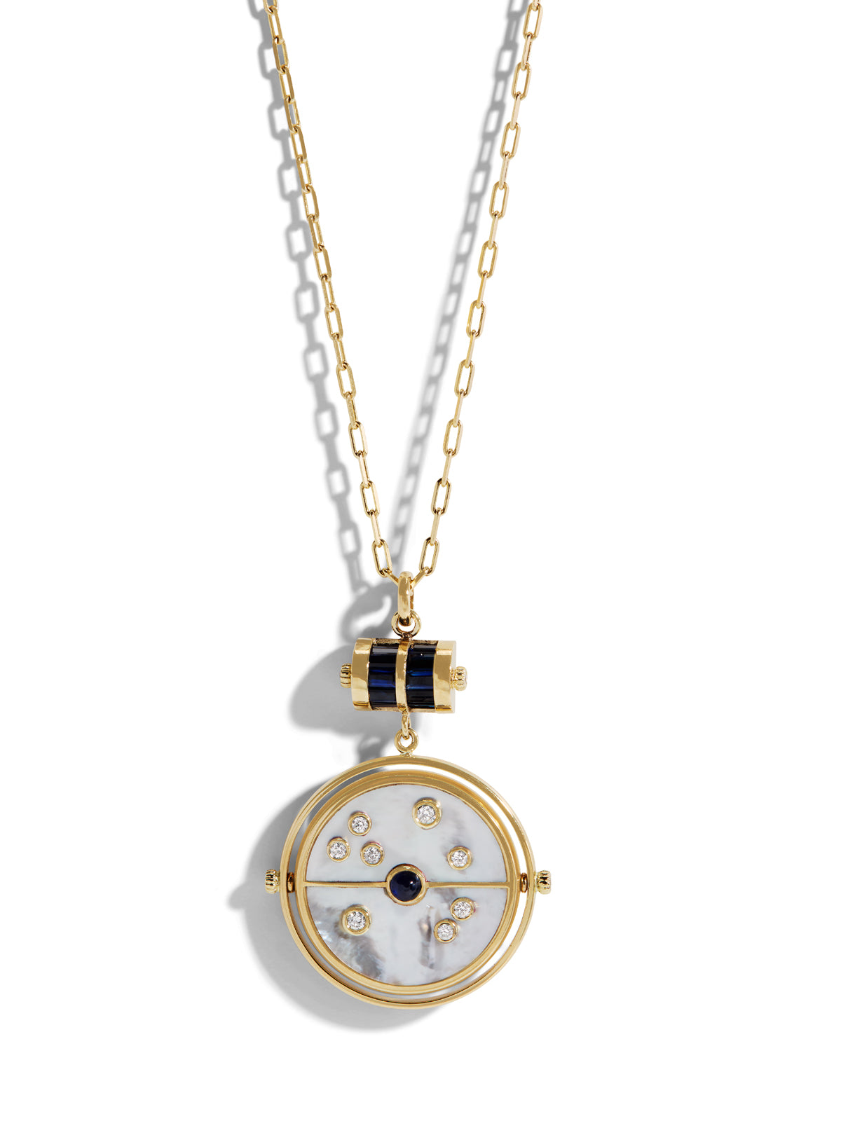 Grandfather Mother of Pearl and Blue Sapphire Compass Yellow Gold Pendant Necklace