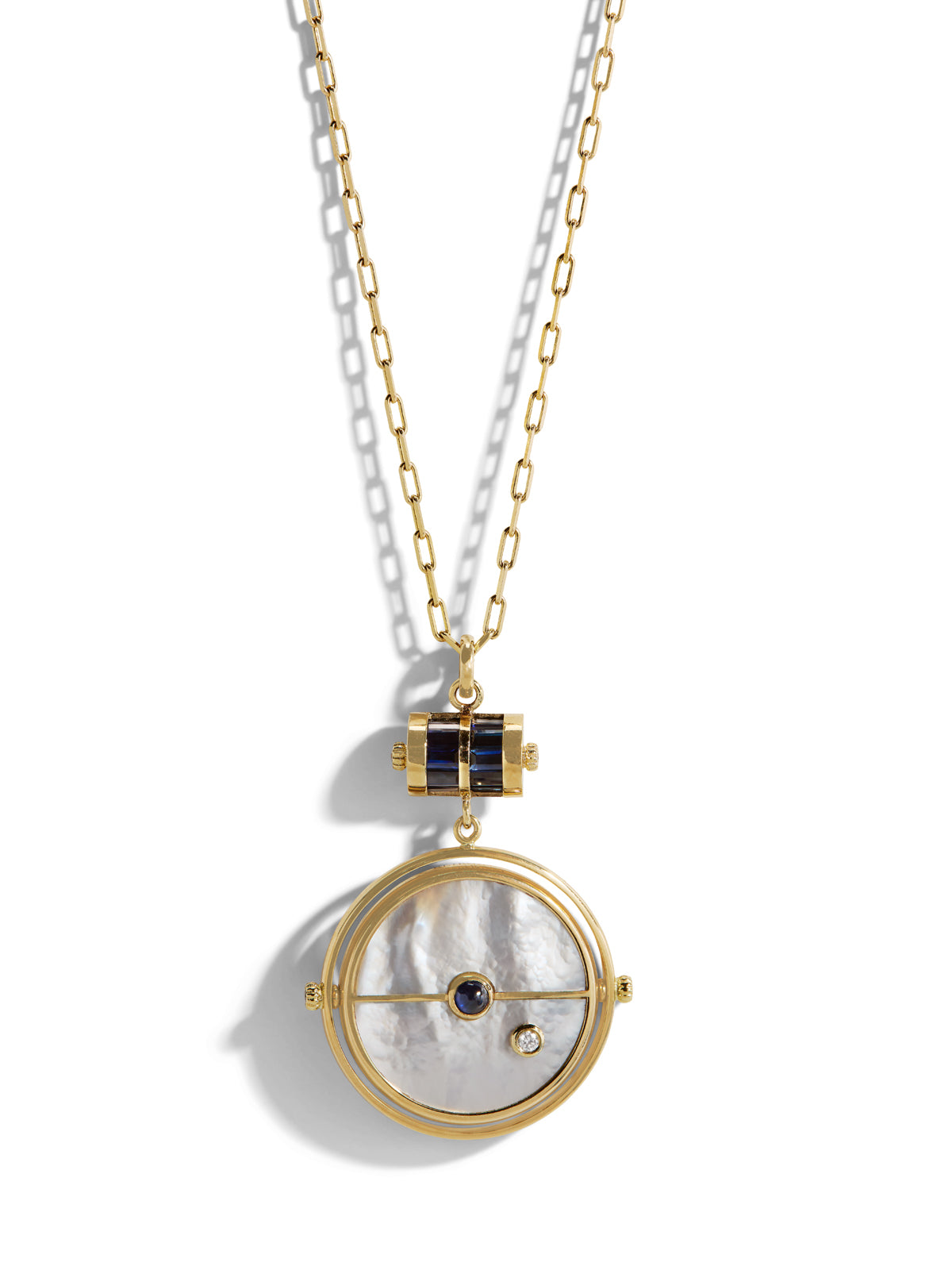 Grandfather Mother of Pearl and Blue Sapphire Compass Yellow Gold Pendant Necklace