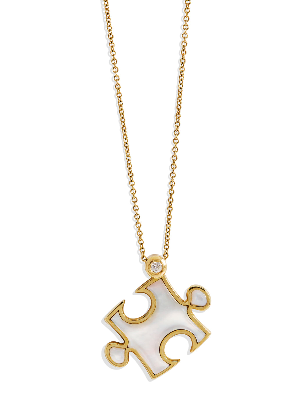 Mother of Pearl Inlay Impetus Puzzle Pendant Yellow Gold Necklace