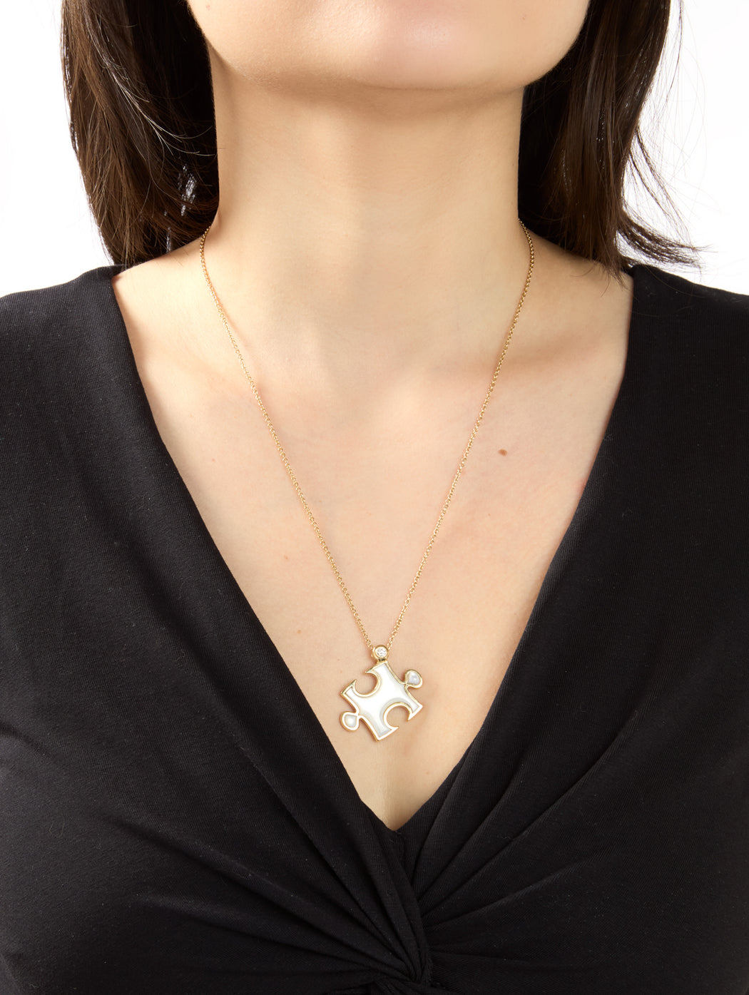 Mother of Pearl Inlay Impetus Puzzle Pendant Yellow Gold Necklace