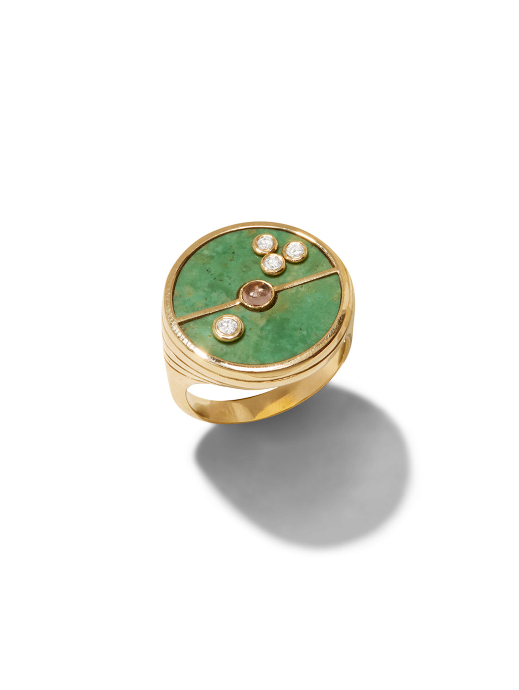 Green Turquoise and Lotus Garnet Compass Yellow Gold Ring