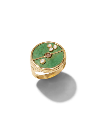 Green Turquoise and Lotus Garnet Compass Yellow Gold Ring