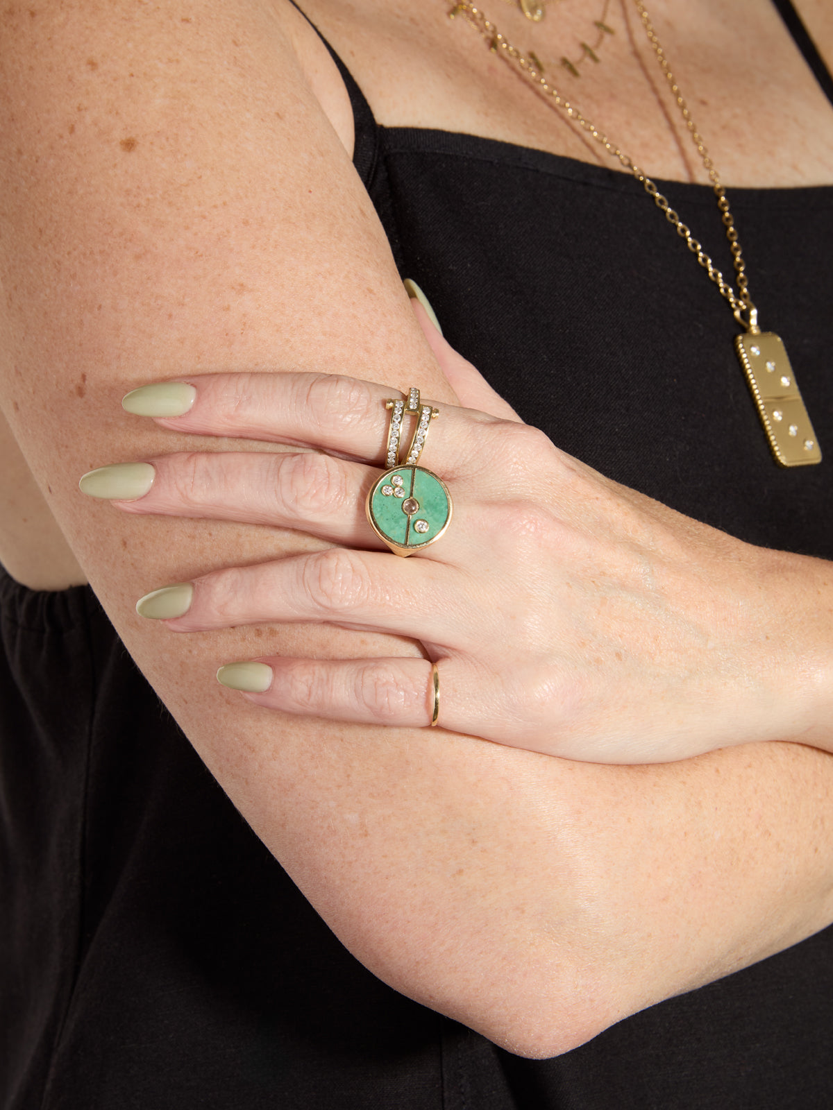 Green Turquoise and Lotus Garnet Compass Yellow Gold Ring