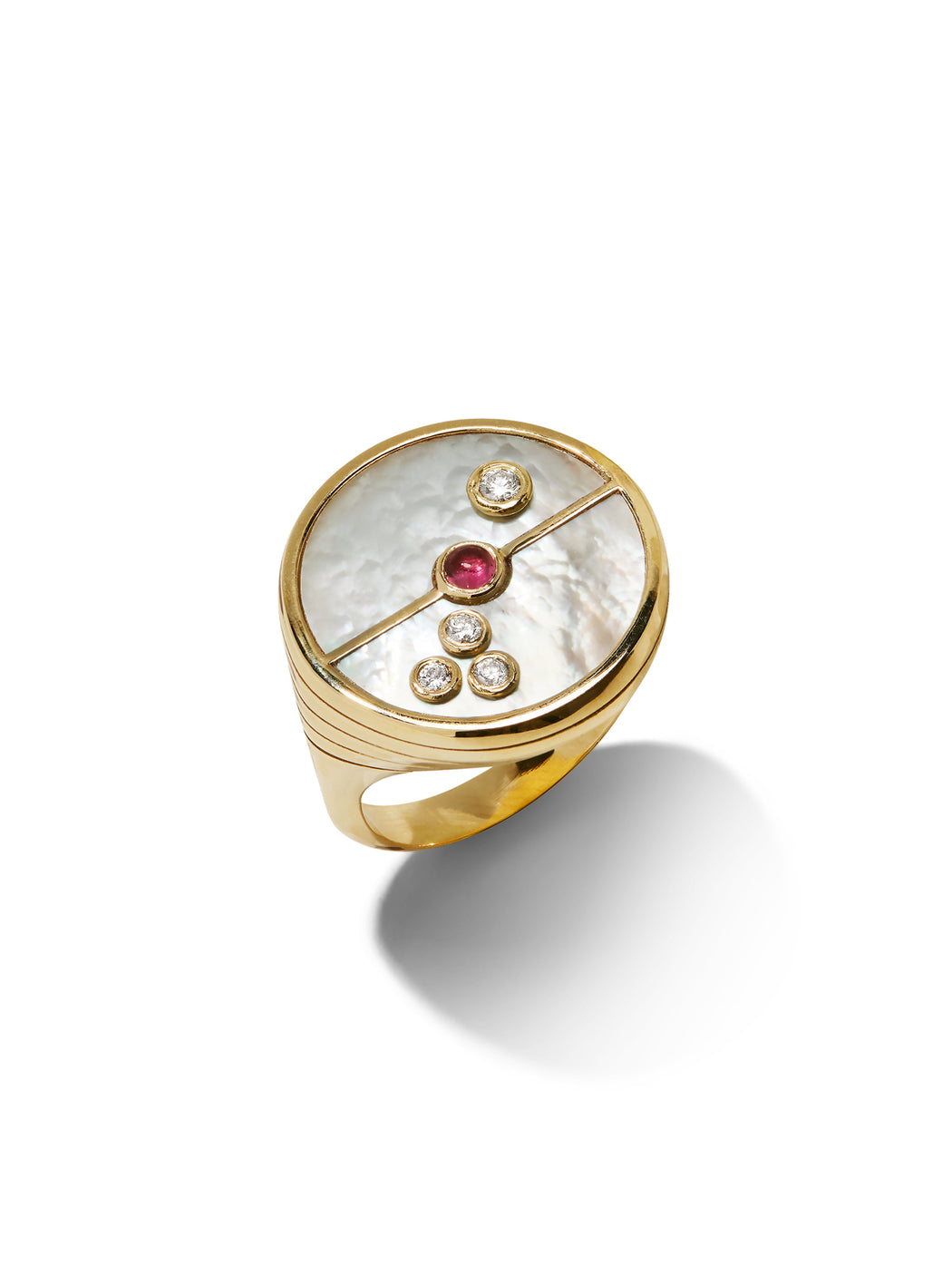 Mother of Pearl & Pink Spinel Compass Yellow Gold Ring
