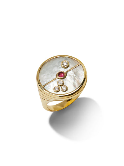 Mother of Pearl & Pink Spinel Compass Yellow Gold Ring