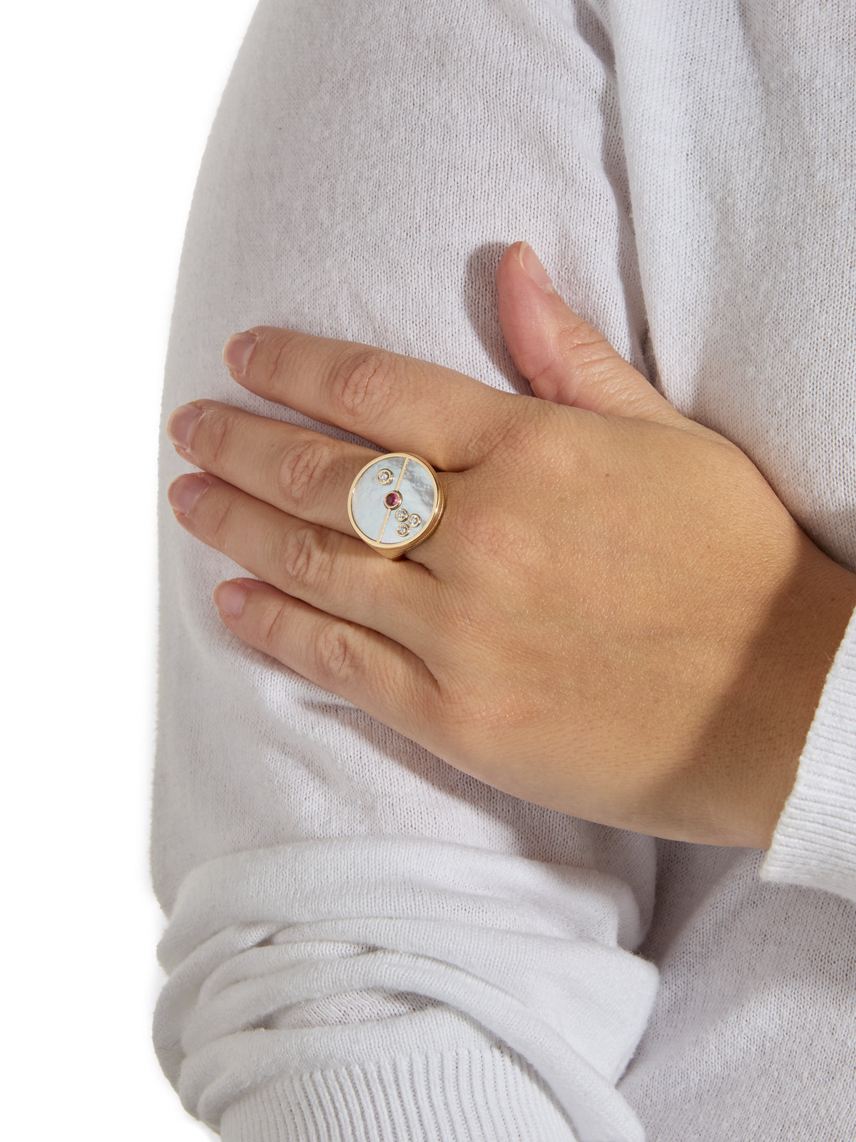 Mother of Pearl & Pink Spinel Compass Yellow Gold Ring