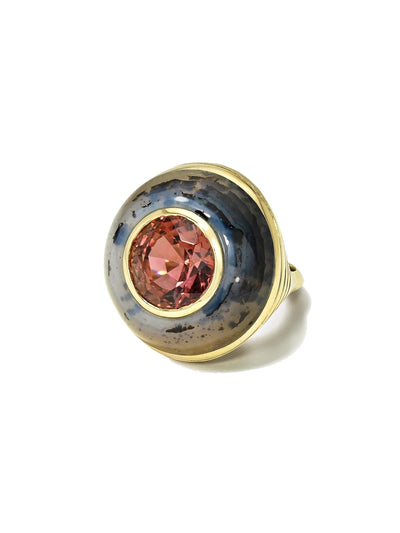 Berry Tourmaline in Dendrite Lollipop Yellow Gold Ring