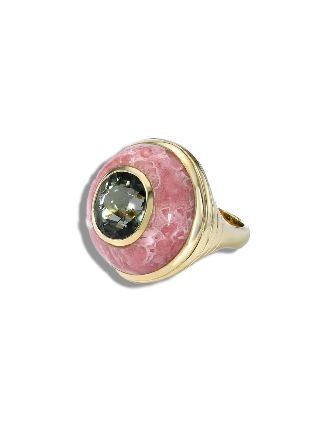 Green Tourmaline in Rhodochrosite Petite Lollipop Yellow Gold Ring