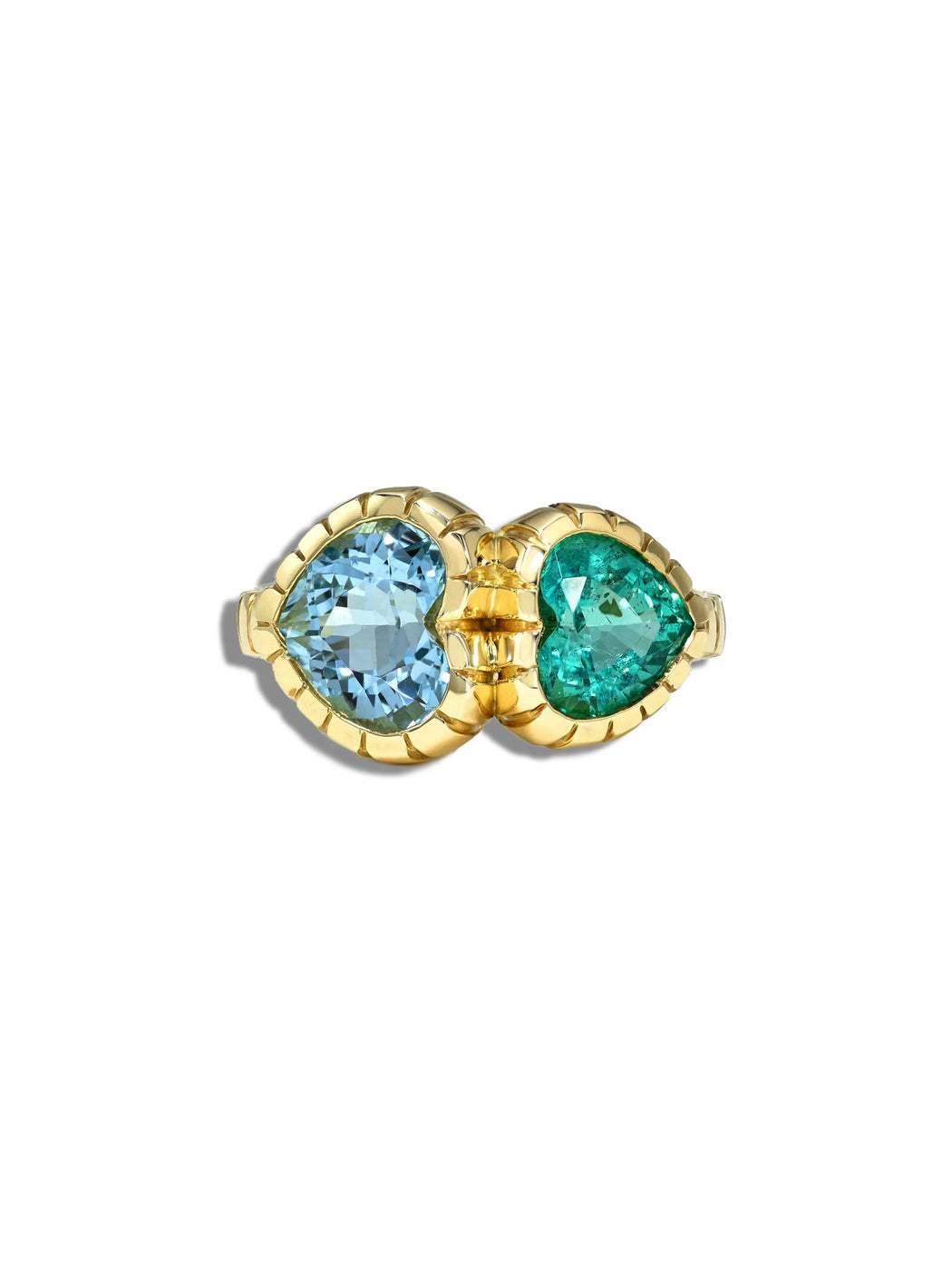 Emerald and Aquamarine Heart Double Stone Heirloom Yellow Gold Ring