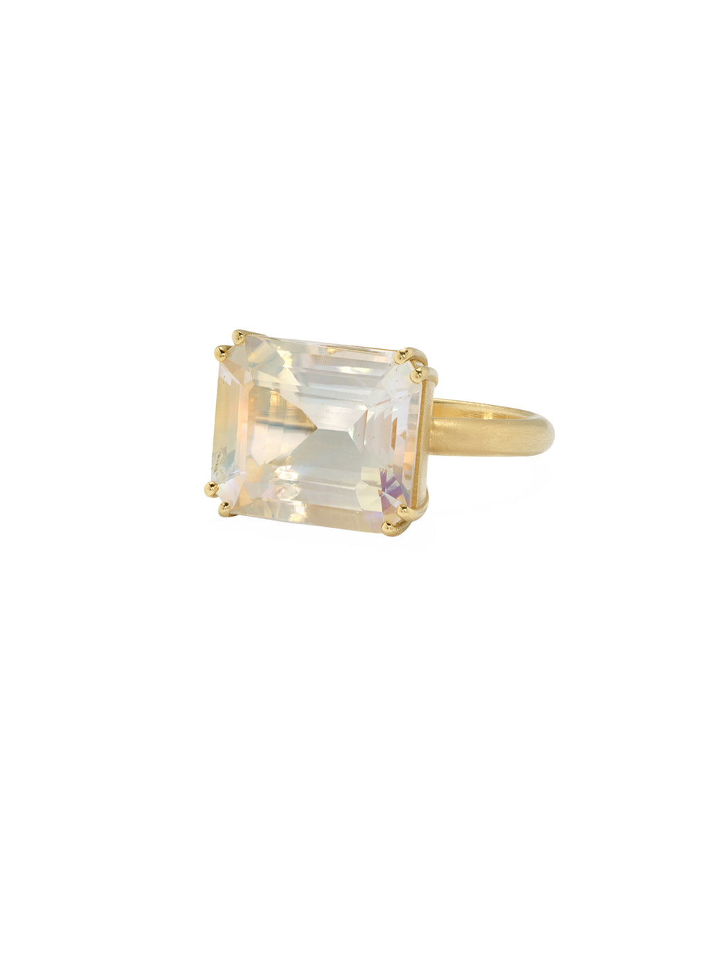 Emerald Cut Fine Moonstone Double Prong Yellow Gold Ring