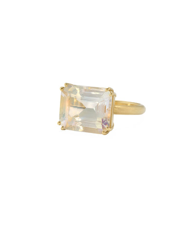Emerald Cut Fine Moonstone Double Prong Yellow Gold Ring
