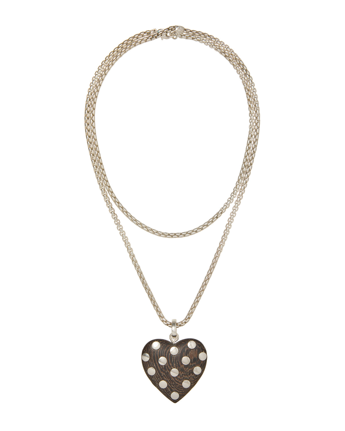 The Big Silver Studded Wood Heart Pendant Necklace