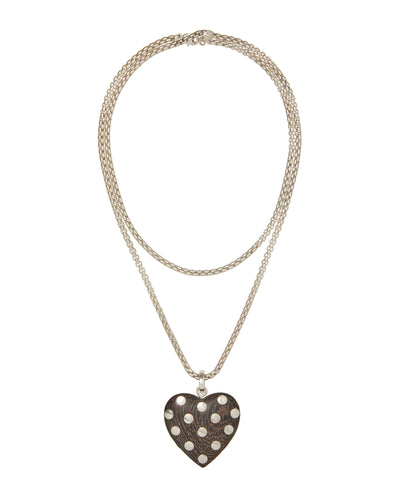 The Big Silver Studded Wood Heart Pendant Necklace