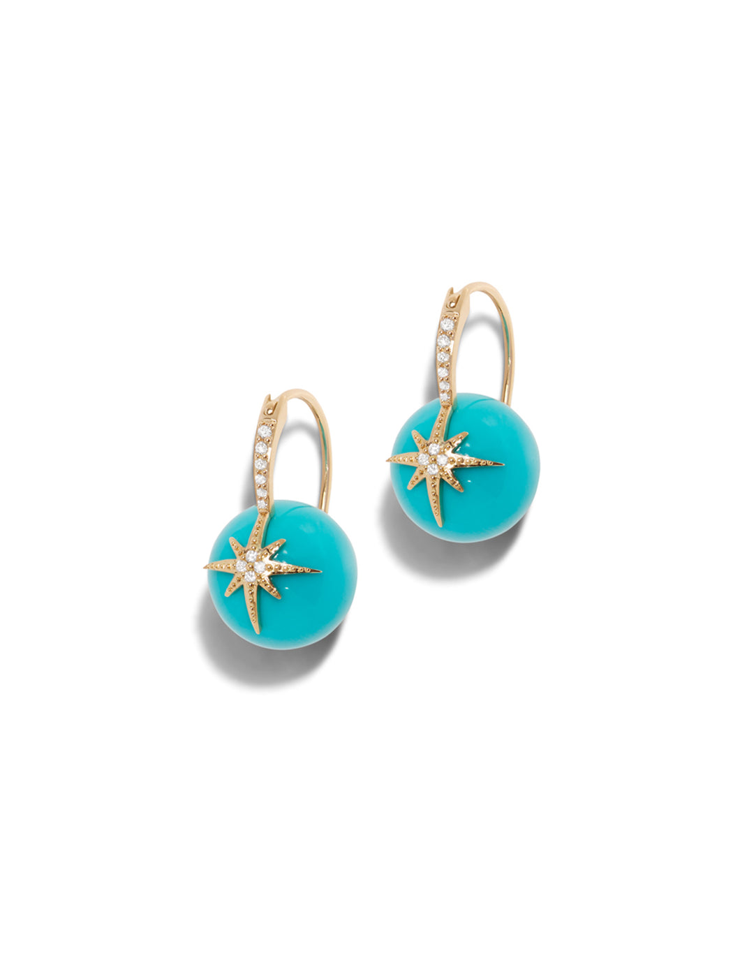 Pavé Diamond Starburst Turquoise Bead Yellow Gold Earrings