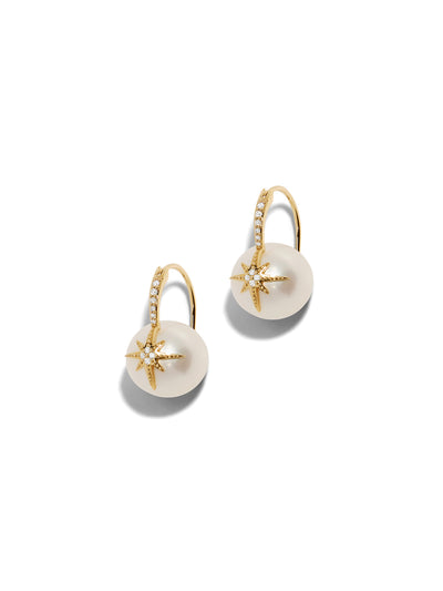 Pavé Diamond Starburst Pearl Bead Yellow Gold Earrings