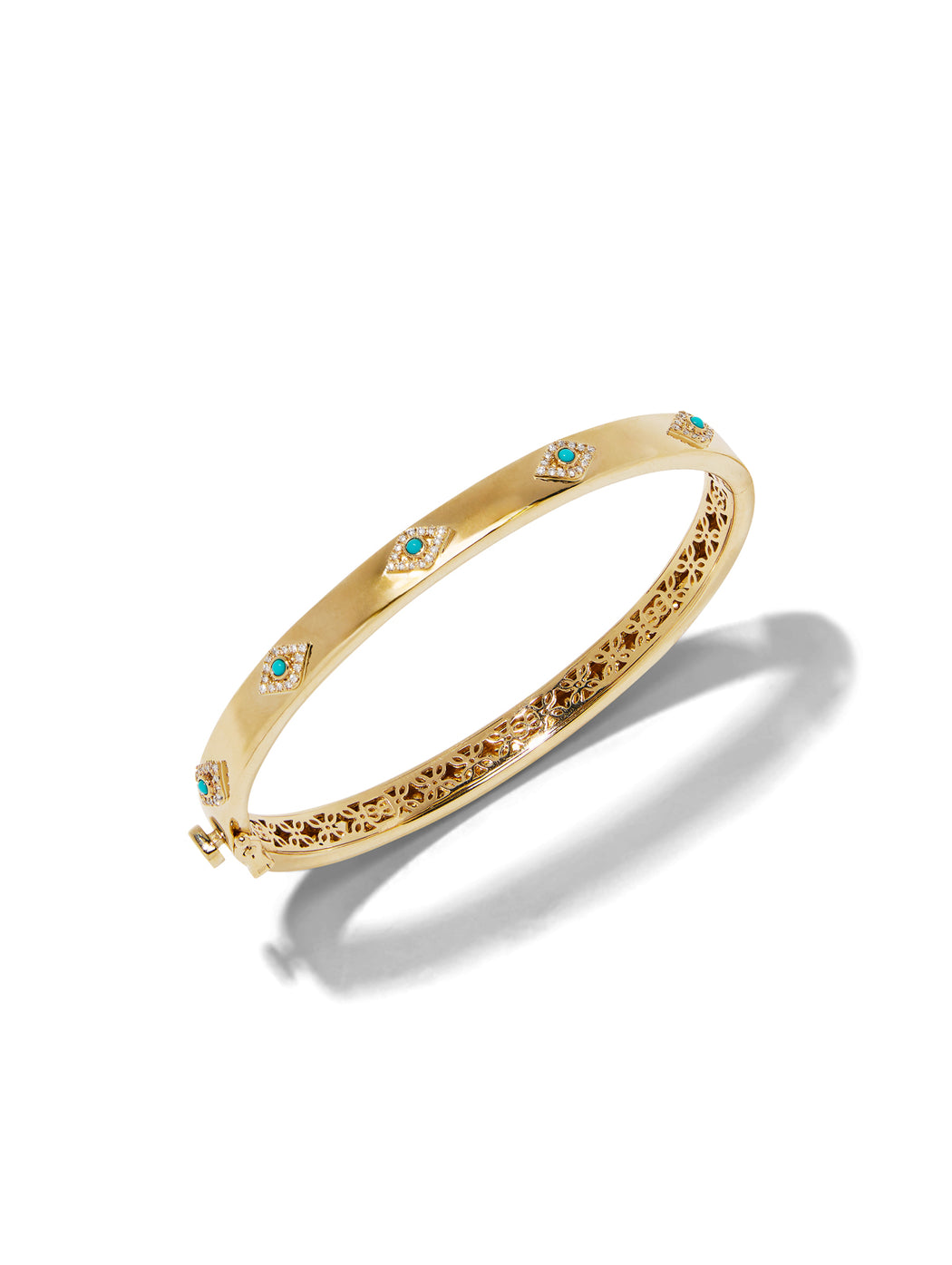Diamond and Turquoise Evil Eye Hinged Yellow Gold Bangle