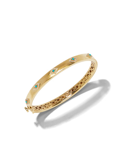 Diamond and Turquoise Evil Eye Hinged Yellow Gold Bangle