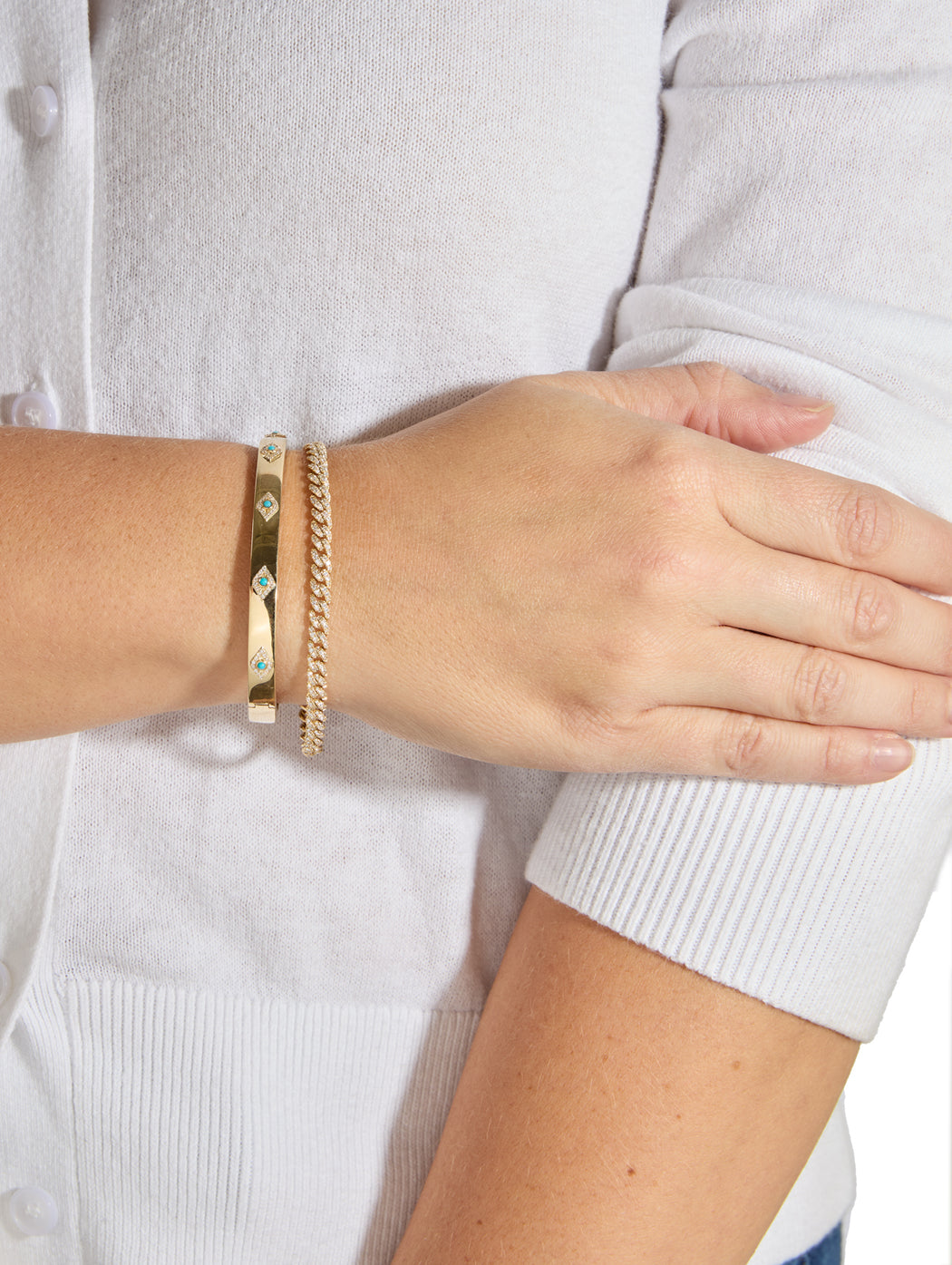 Diamond and Turquoise Evil Eye Hinged Yellow Gold Bangle