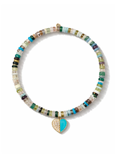 Diamond & Turquoise Heart on Rainbow Heishi Beaded Bracelet