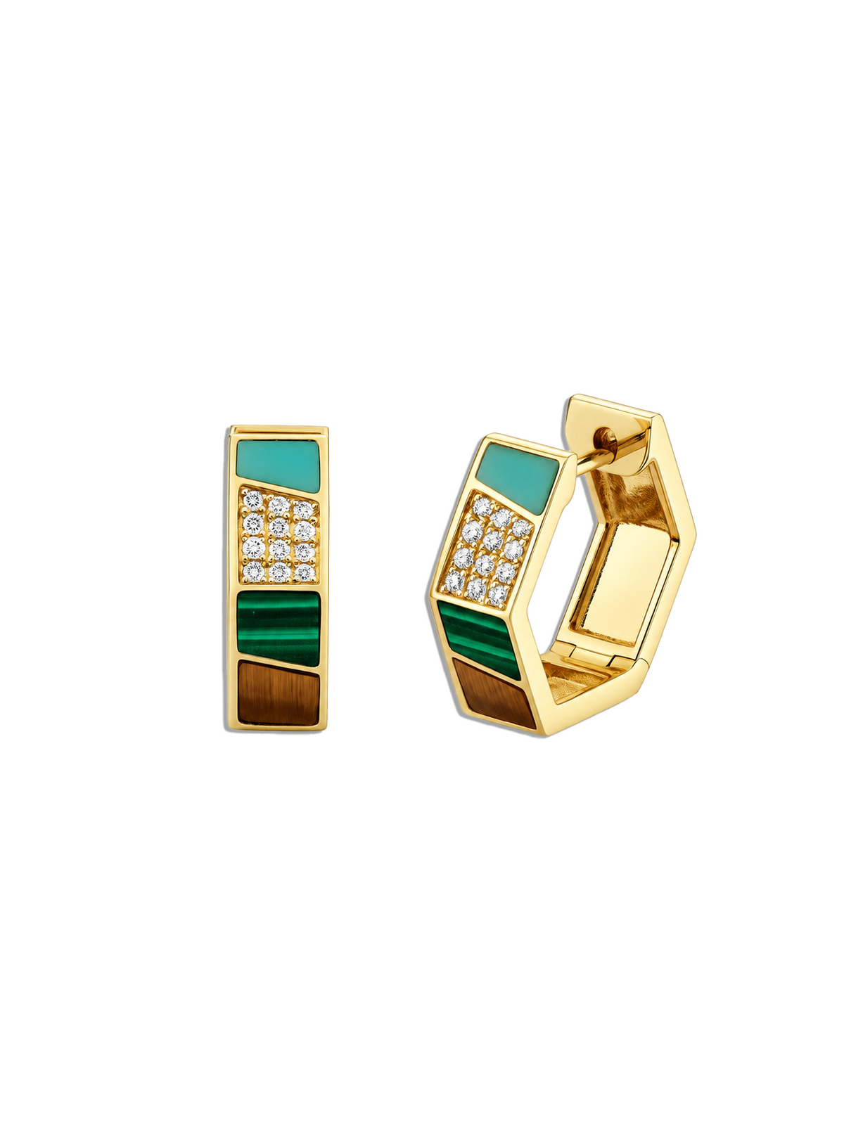 Mosaic Hexagon Yellow Gold Huggie Hoop Earrings