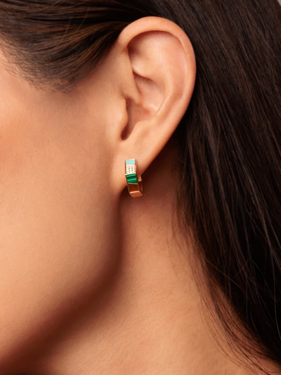Mosaic Hexagon Yellow Gold Huggie Hoop Earrings