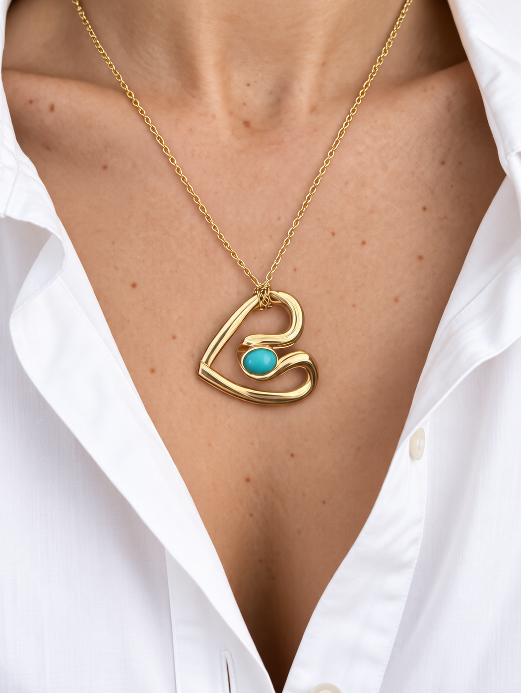 Turquoise Ribbon Heart Yellow Gold Necklace