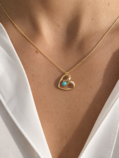 Small Turquoise Ribbon Heart Yellow Gold Necklace