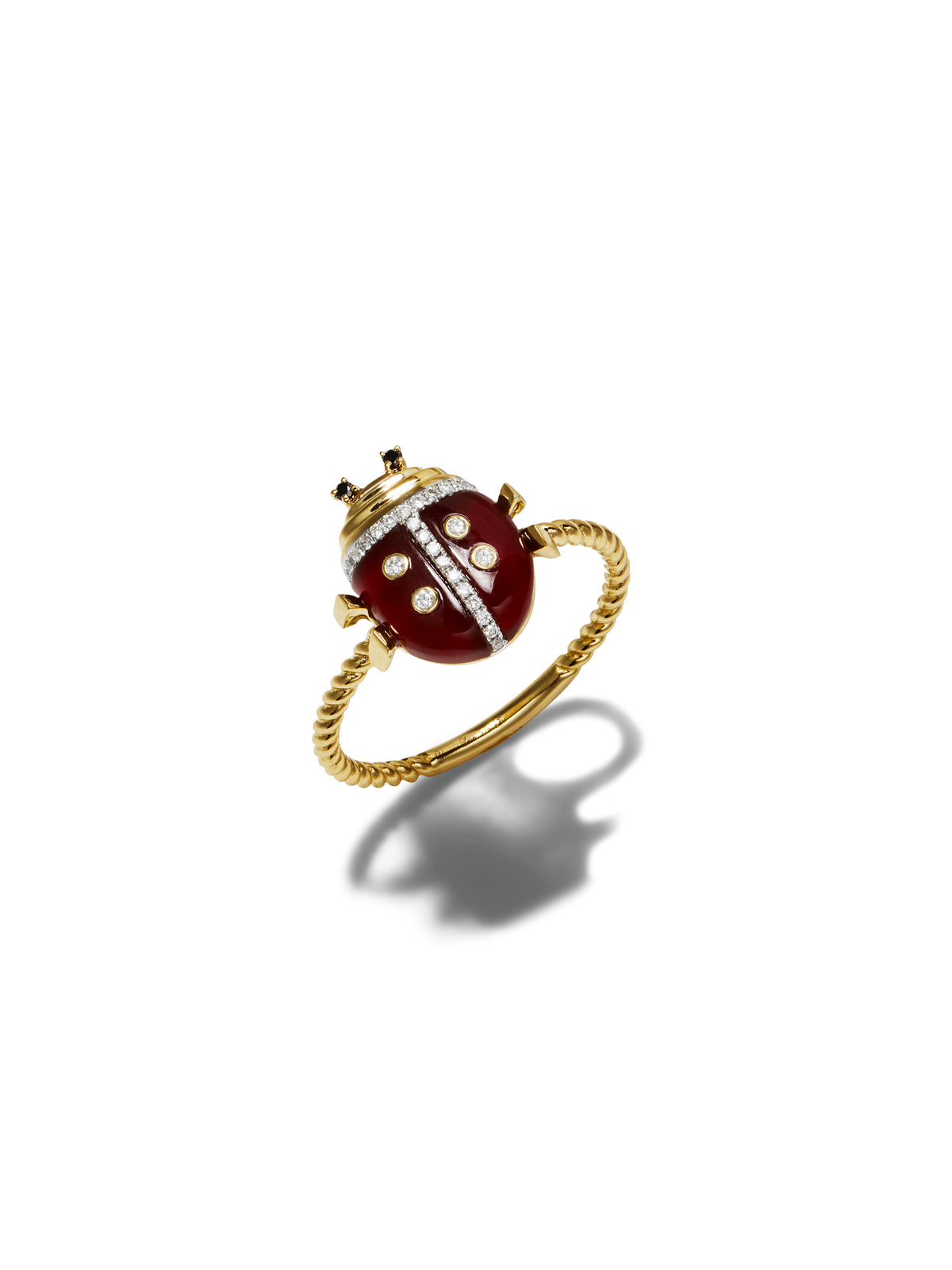Red Agate Mini Ladybug Yellow Gold Ring