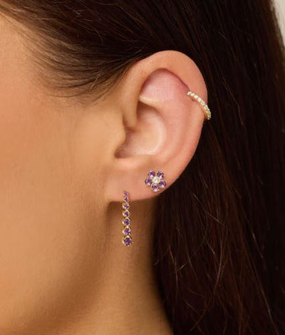 Large Amethyst and Diamond Flower Yellow Gold Stud Earrings