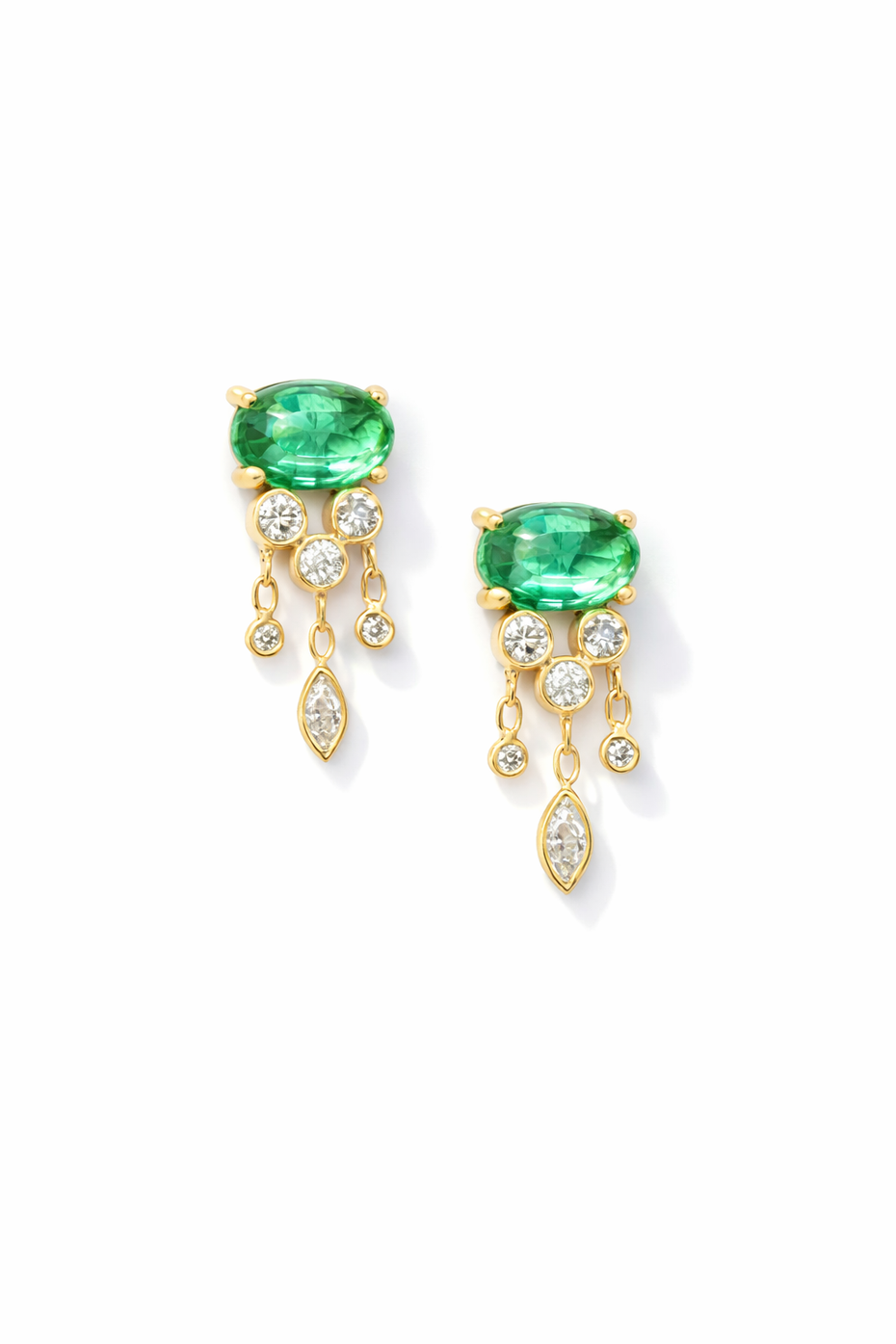 Emerald and Diamond Jellyfish Yellow Gold Earrings