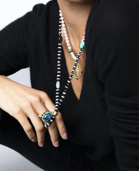 Striped Black Agate & Multi-Color Stone Long Beaded Necklace