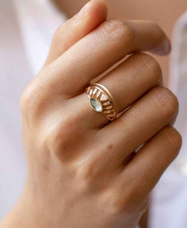 Aquamarine & Diamond Open Eye Crown Ring