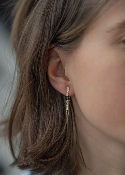 Three Rose Cut Diamond Chain Yellow Gold Earrings