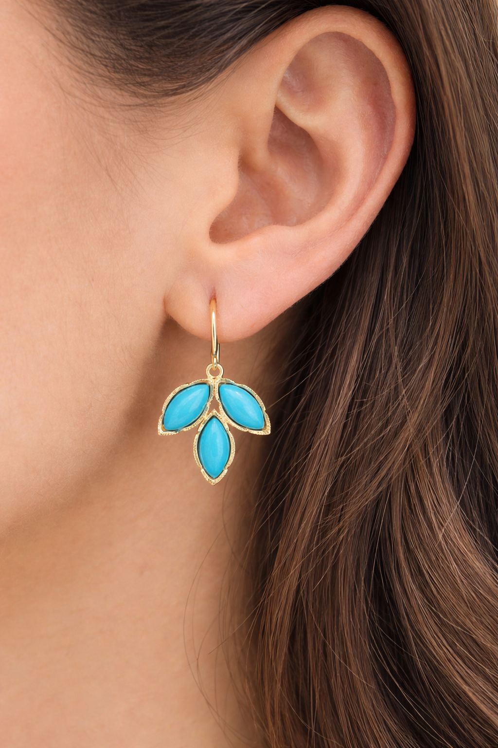 Turquoise Trio Dew Drop Yellow Gold Earrings