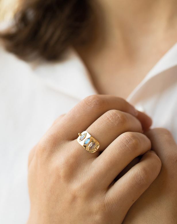 Triple Moonstone Plate Yellow Gold Ring