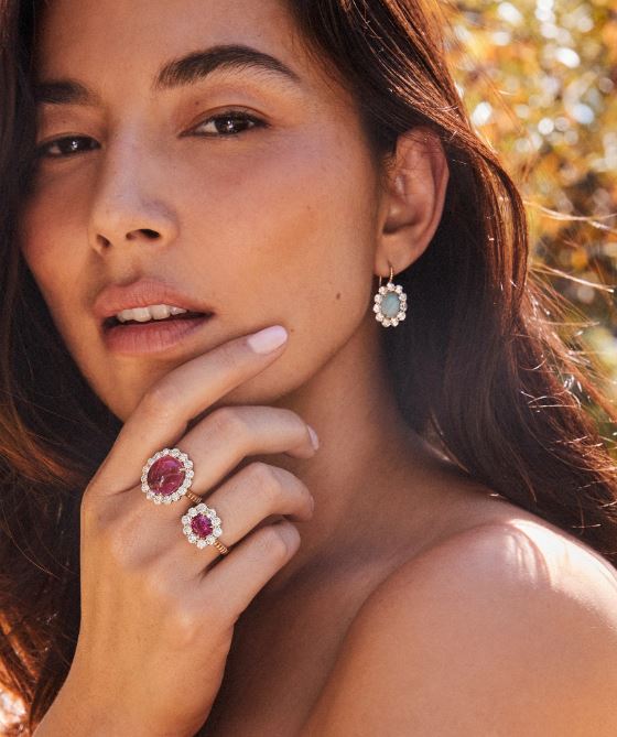 14ct Cabochon Pink Tourmaline Diamond Halo Heirloom Bezel Ring