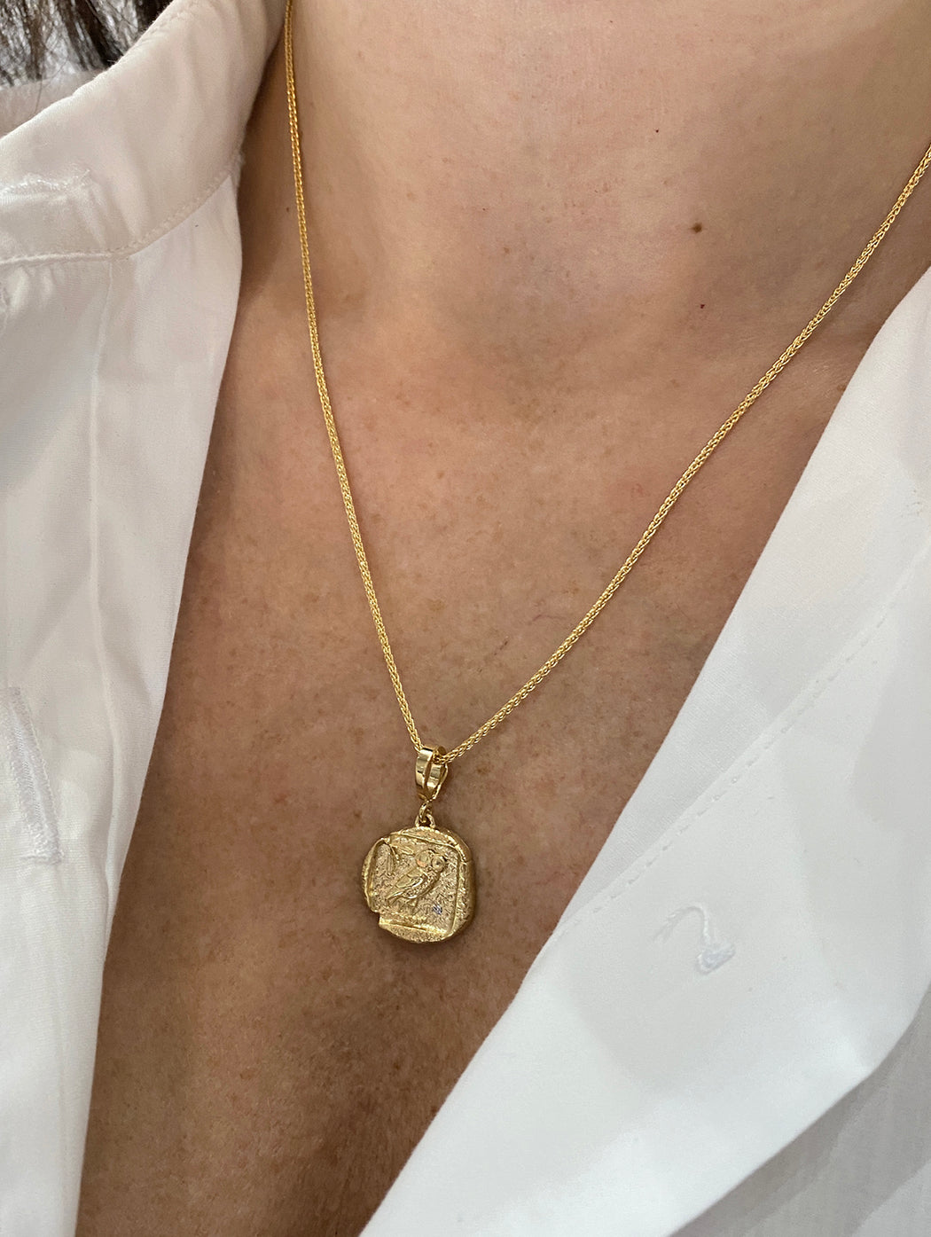 Diamond Small Owl of Athena Coin Yellow Gold Charm