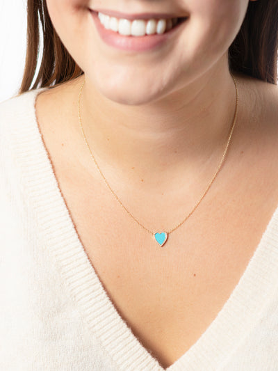 Mini Diamond Turquoise Inlay Heart Yellow Gold Necklace