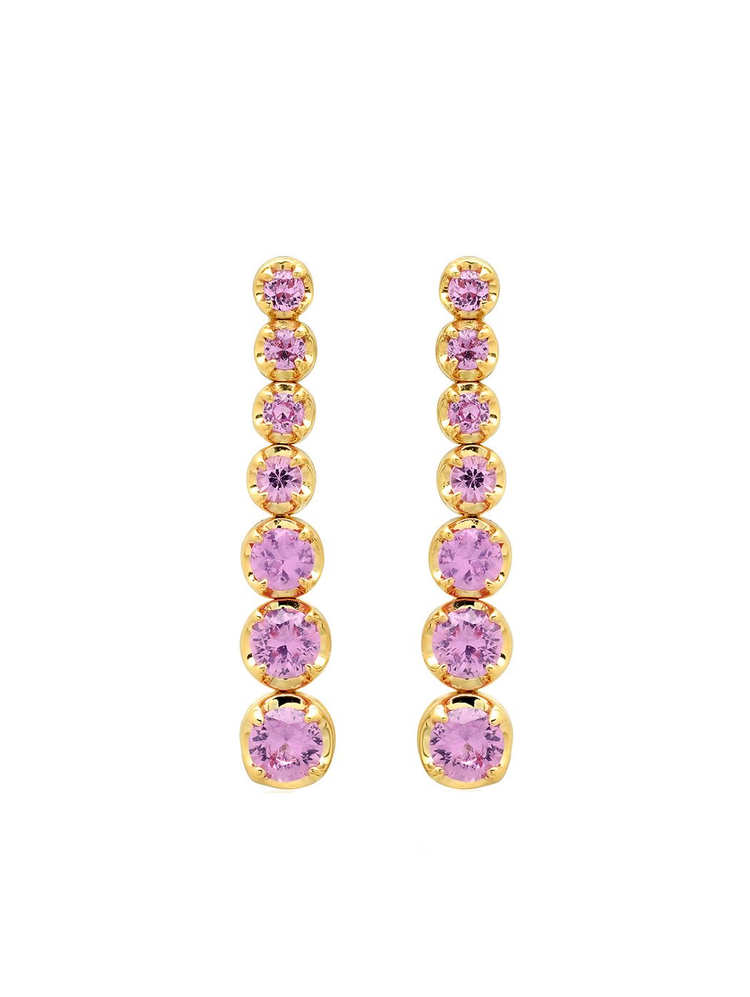 7 Small Graduated Pink Sapphire Yellow Gold Tennis Drop Earrings
