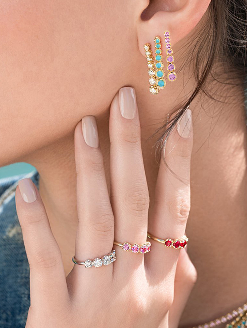 7 Small Graduated Pink Sapphire Yellow Gold Tennis Drop Earrings