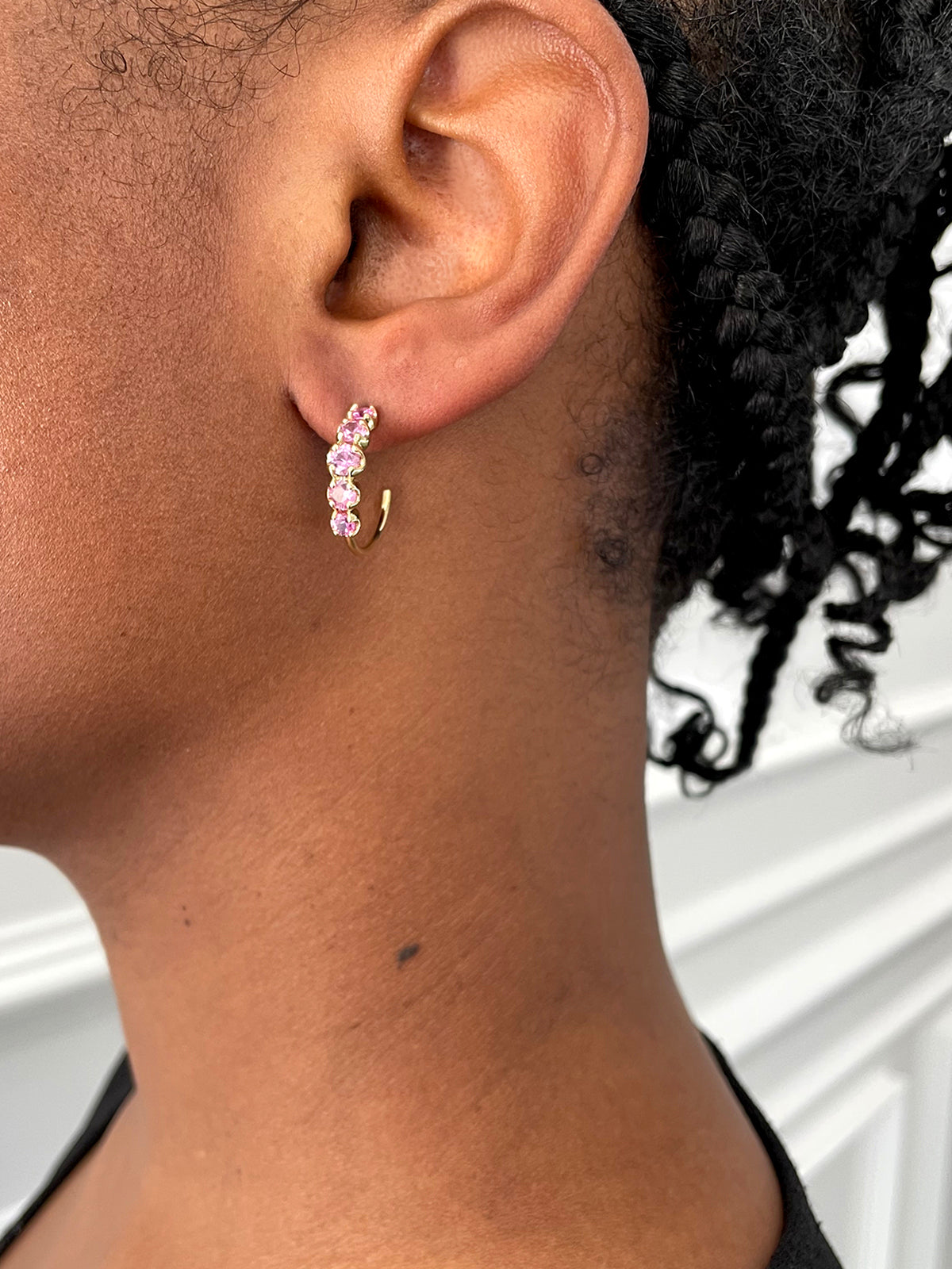 Small Graduated Pink Sapphire Yellow Gold Hoop Earrings