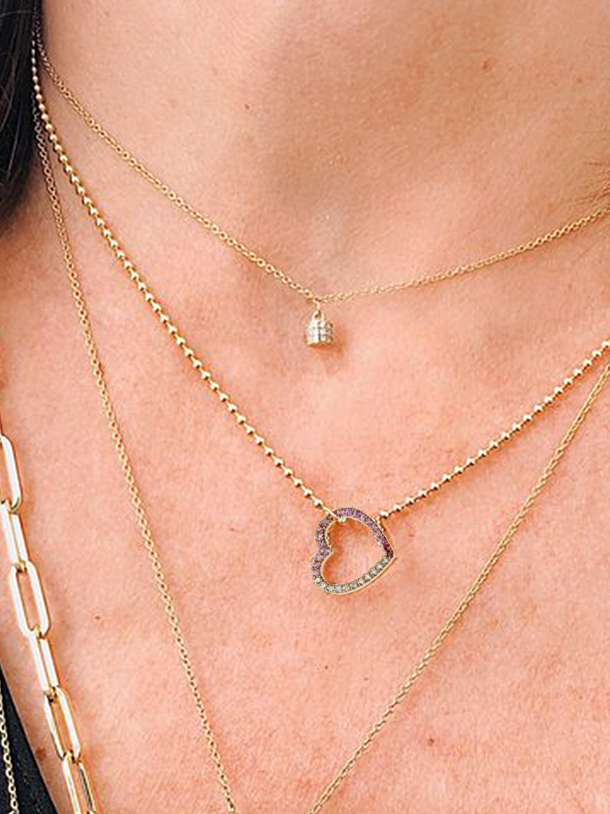 Small Ombré Pink Sapphire & Diamond Floating Heart Yellow Gold Charm