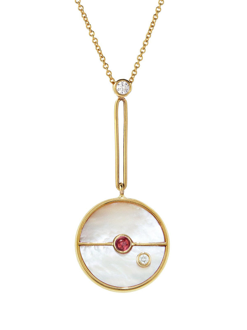 Signature Mother of Pearl and Pink Spinel Compass Yellow Gold Necklace