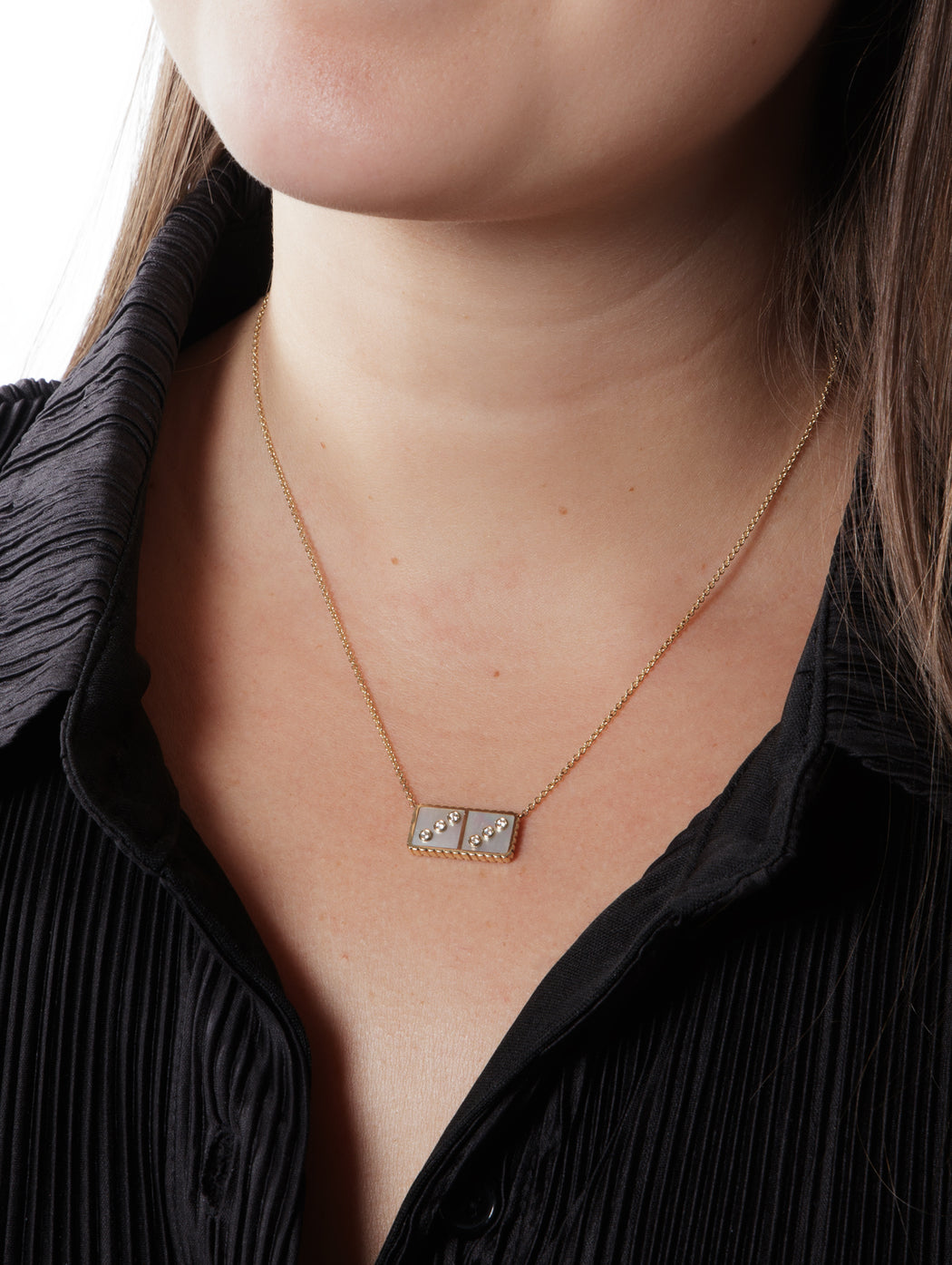 Mother Of Pearl and Diamond Petite Domino Yellow Gold Necklace