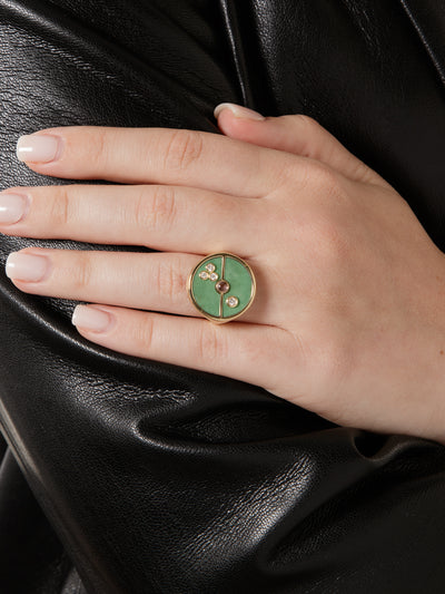 Green Turquoise and Lotus Garnet Compass Yellow Gold Ring