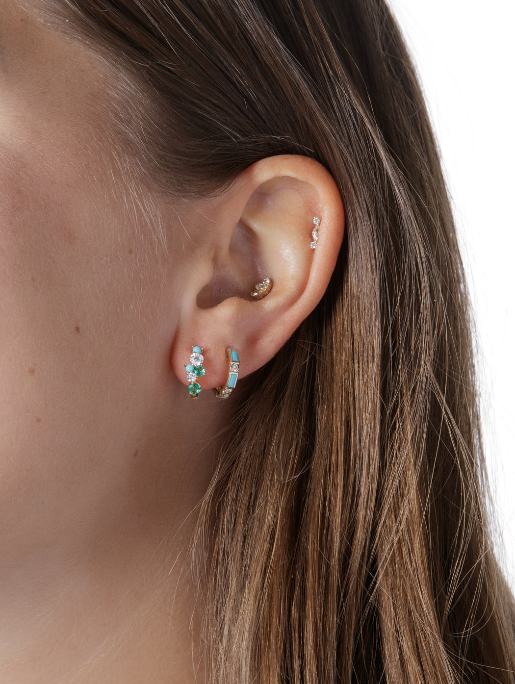Tri Stone Cocktail Yellow Gold Hoop Earrings