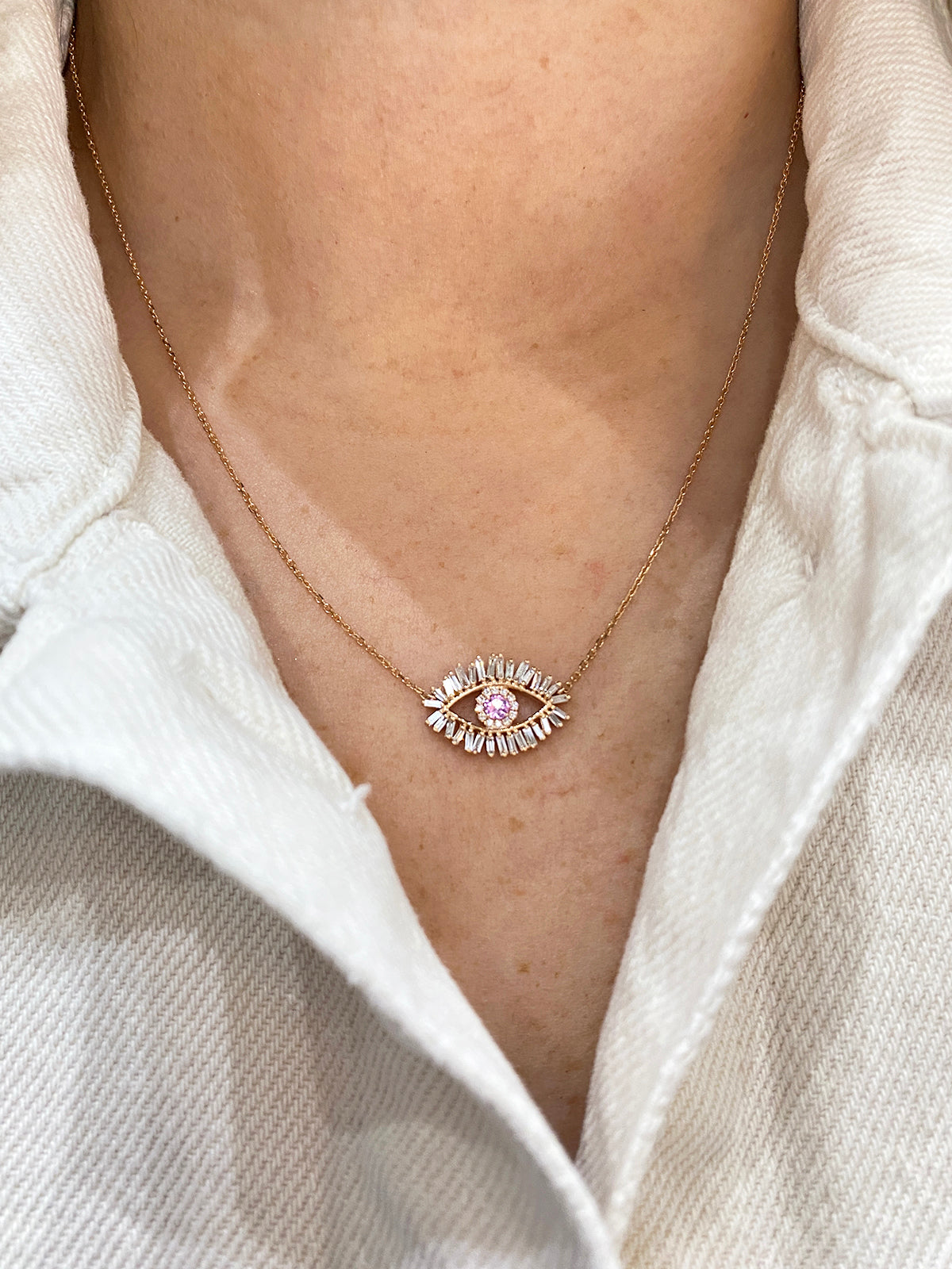 Pink Sapphire and Diamond Evil Eye Rose Gold Necklace