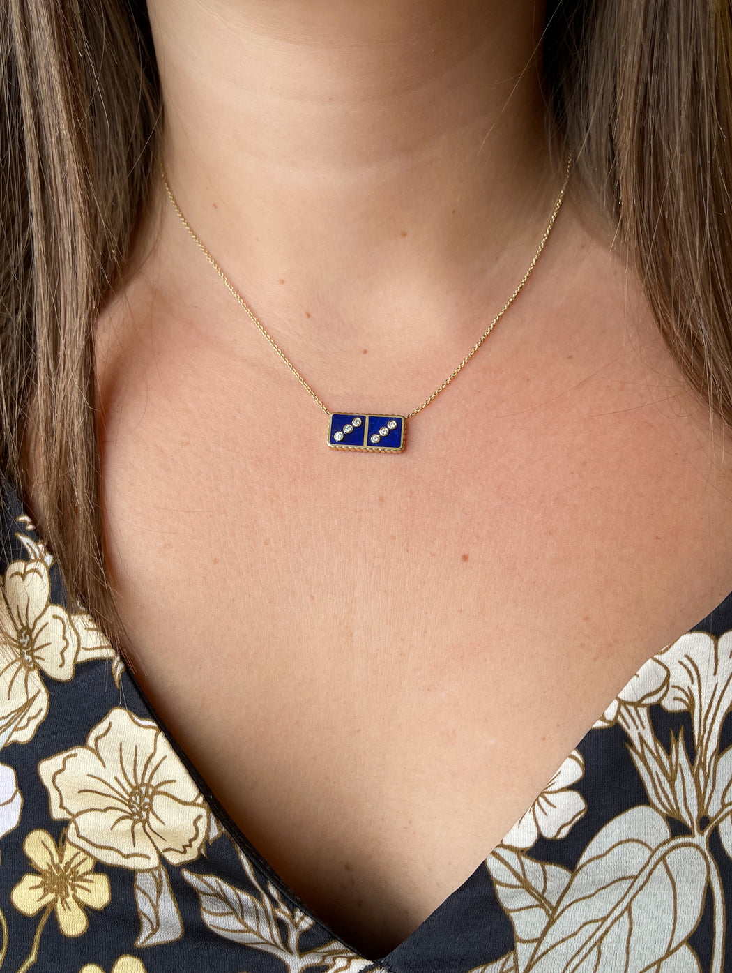 Lapis and Diamond Petite Domino Yellow Gold Necklace