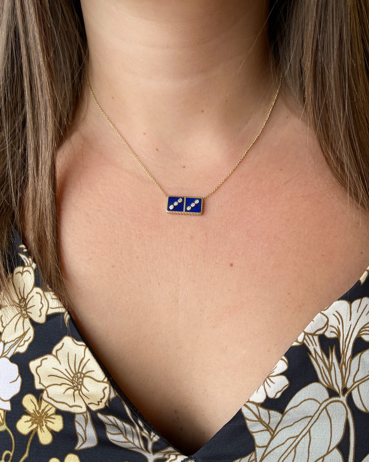 Lapis and Diamond Petite Domino Yellow Gold Necklace